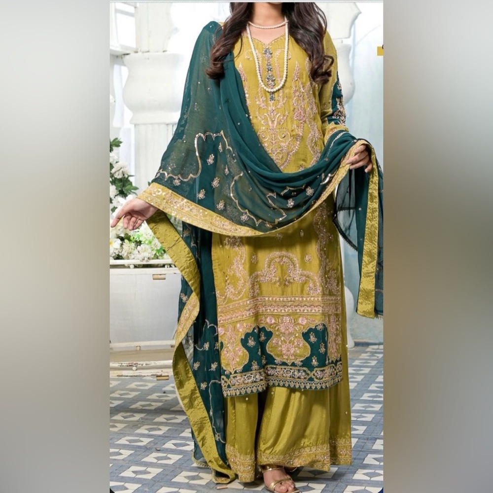 Handwork and embroidery with intricate details.
Shirt/Flare Pants/Net dupatta